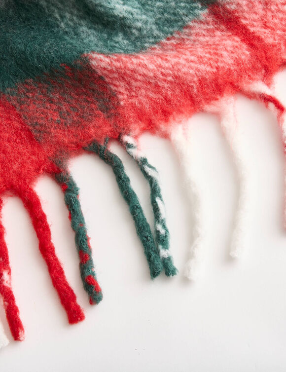 Plaid met franjes, ingeweven ruitjes (ecru / rood / groen)
