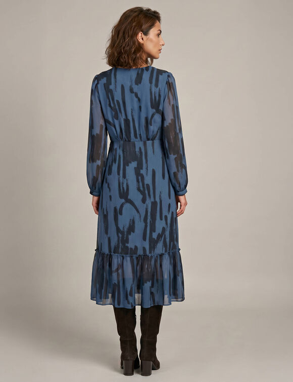 Robe longue volant&eacute;e, voile textur&eacute; imprim&eacute; abstrait (bleu)