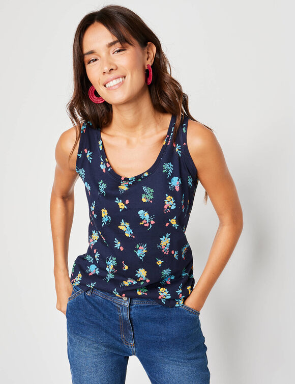 D&eacute;bardeur bretelles larges en coton, imprim&eacute; fleuri (marine)