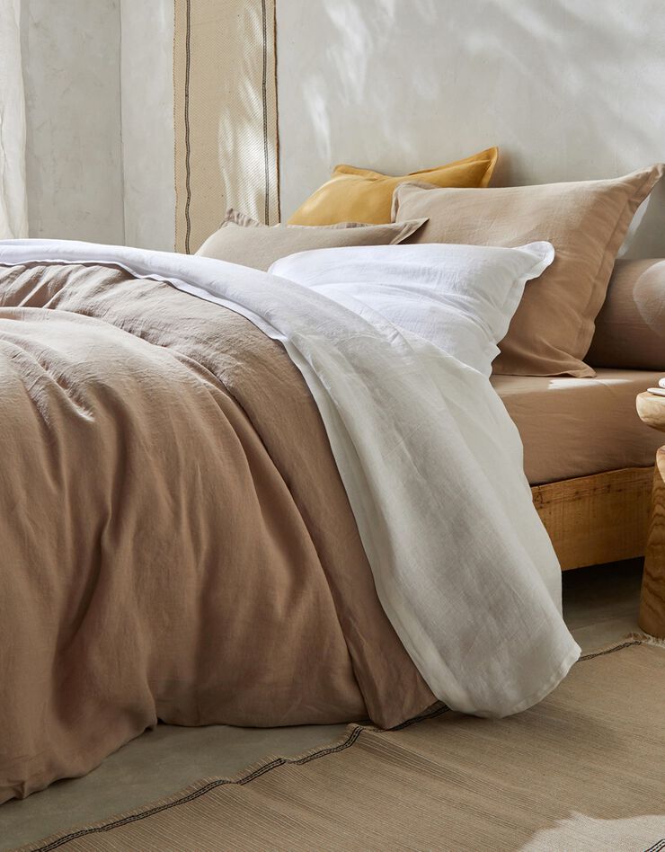 Effen bedlinnen in gewassen linnen (beige)