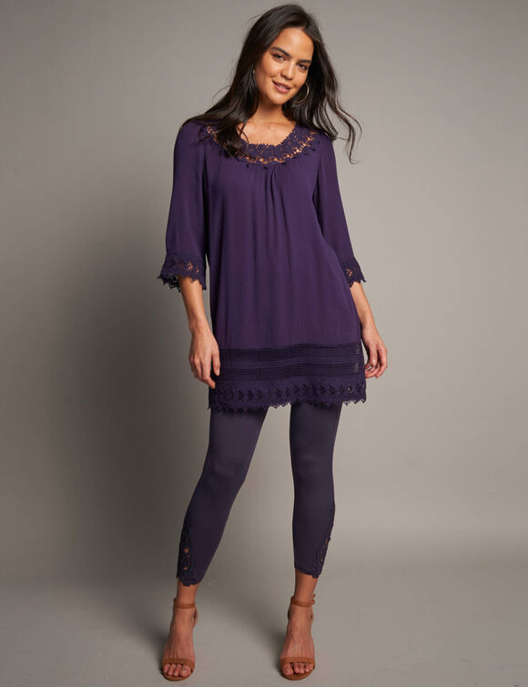 Tunique macram&eacute; manches 3/4, cr&eacute;pon (figue)