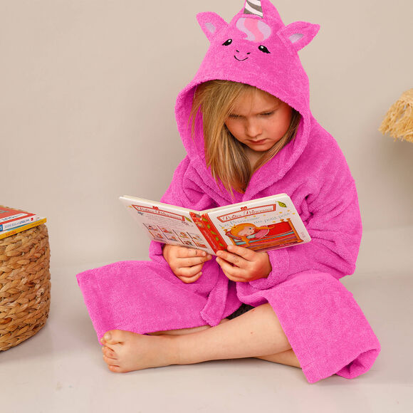 Badjas met kap, voor kinderen, eenhoornmotief, katoenen badstof - 340 g/m2 (fuchsia)