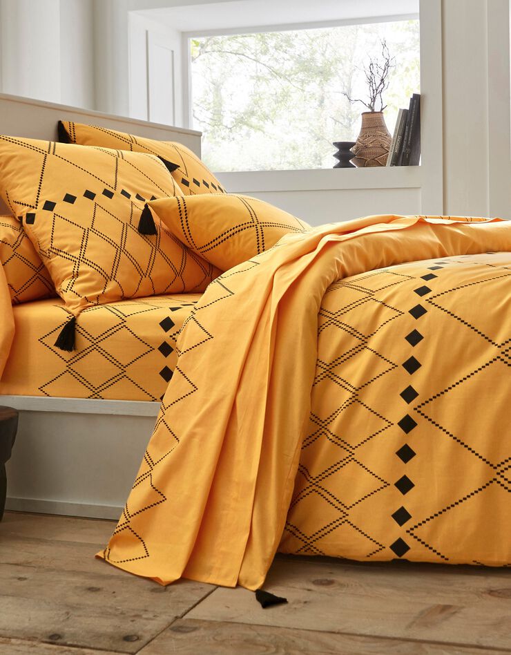 Linge de lit Massai coton à motifs graphiques et finitions pompons (curry)