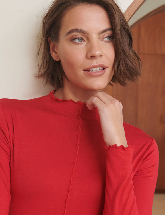 T-shirt col montant, manches longues, finition frisottis (rouge)