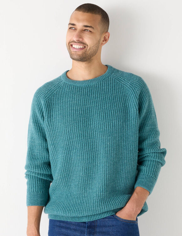Pull col rond manches marteau côtes anglaises 30% laine (céladon mouliné)