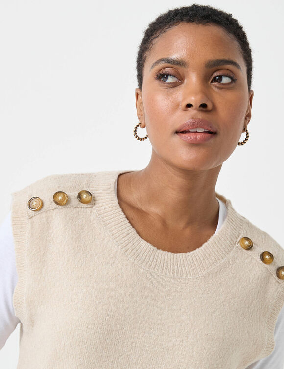 Pull sans manches, épaules boutonnées (beige chiné)
