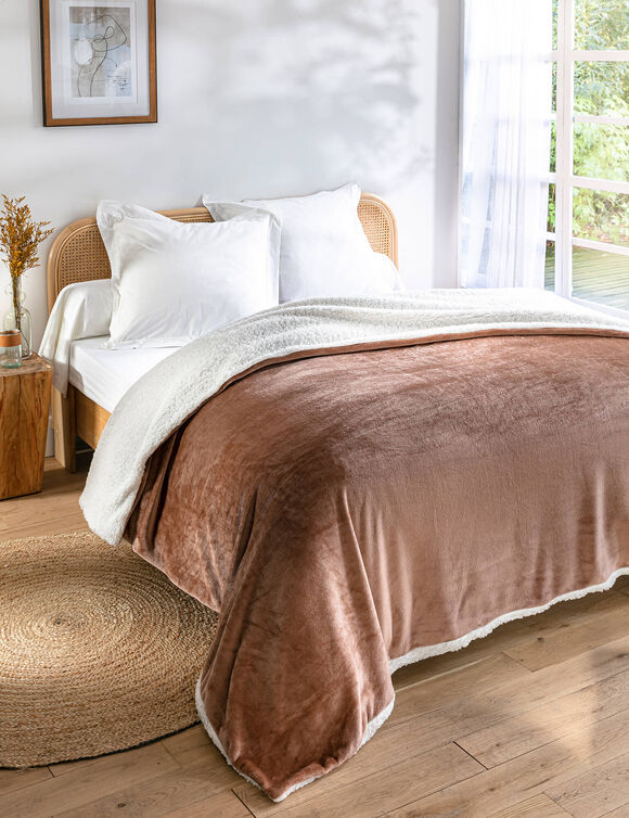 Couverture double face polaire et sherpa (noisette)