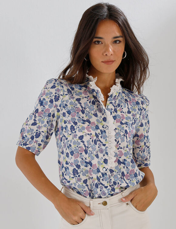 Chemisier en gaze de coton, imprim&eacute; fleuri (blauw / parma)