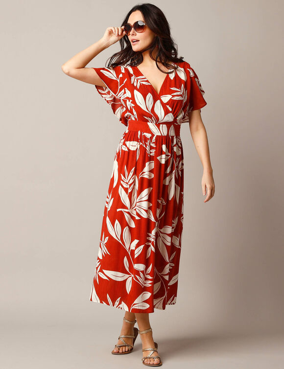 Robe effet cache-coeur, cr&eacute;pon imprim&eacute; XXL (terracotta / &eacute;cru)