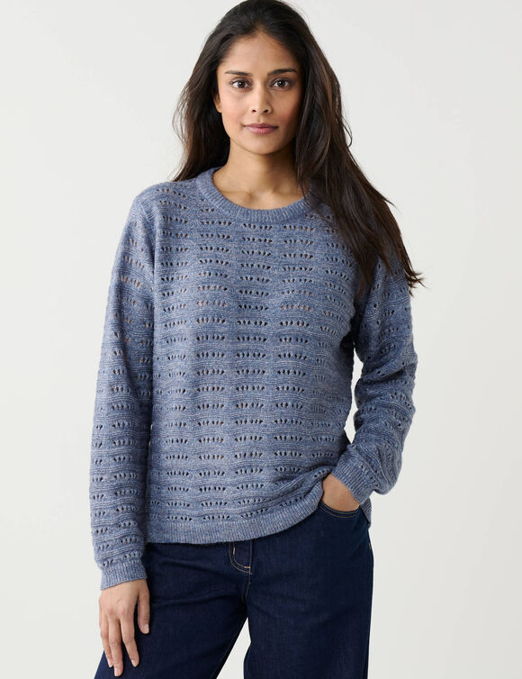 Pull col rond manches blousantes, maille ajour&eacute;e fantaisie (bleu denim)