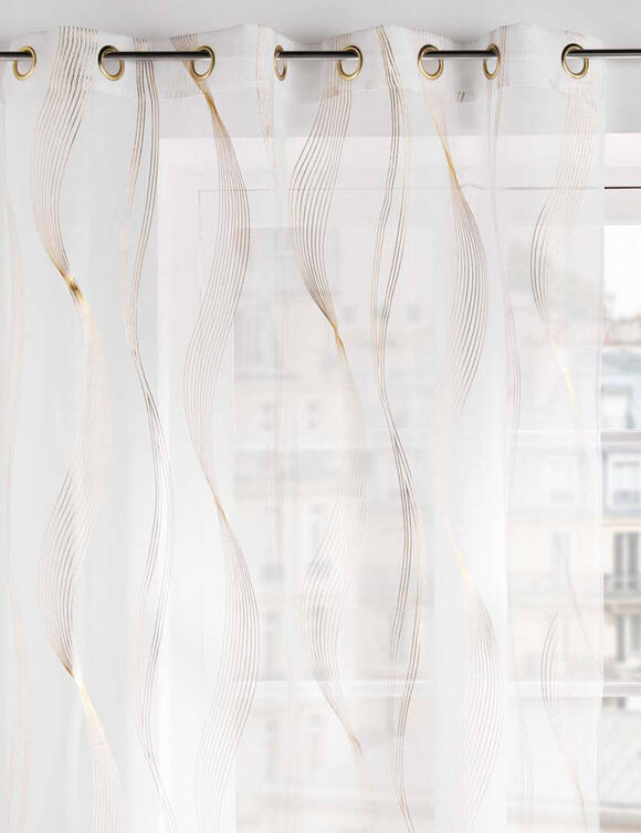 Voilage impression m&eacute;tallis&eacute;e, motif serpentin, finition &oelig;illets (blanc / dor&eacute;)