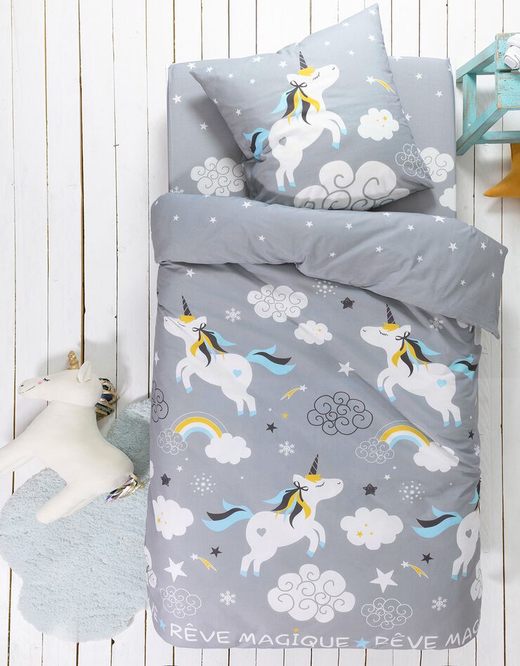 Linge de lit enfant Lilou imprimé licorne 1 personne - coton (gris)