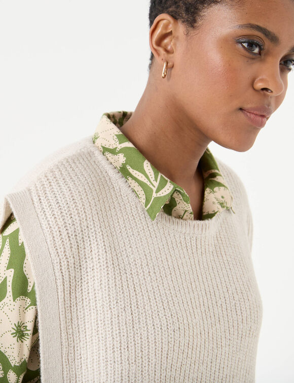 Pull tunique sans manches, maille anglaise toucher doux (beige chiné)