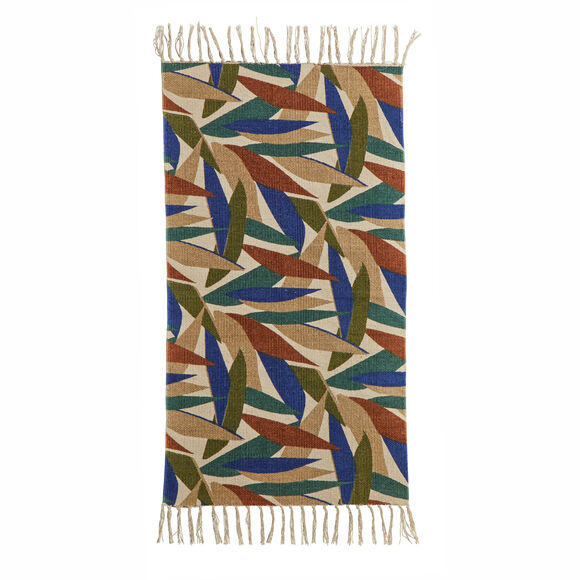 Tapis tissé petit format imprimé jungle - rectangulaire (écru / bleu)