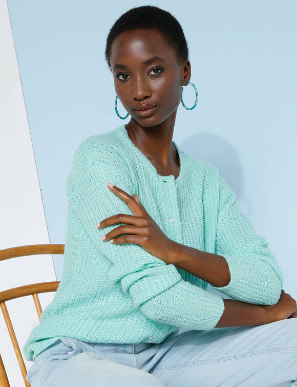 Cardigan boutons perles fantaisie, maille anglaise toucher doux (vert d'eau)