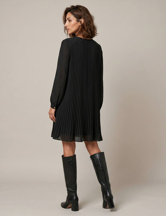 Robe courte &eacute;vas&eacute;e unie, voile pliss&eacute; (noir)