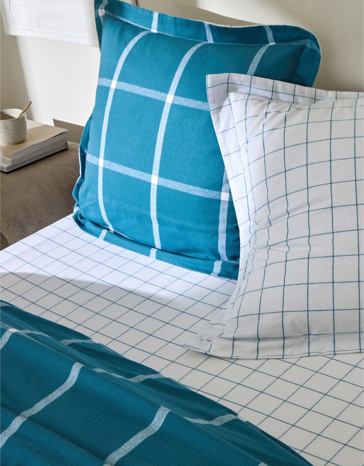 Linge de lit à carreaux réversible flanelle tissé teint (bleu paon)