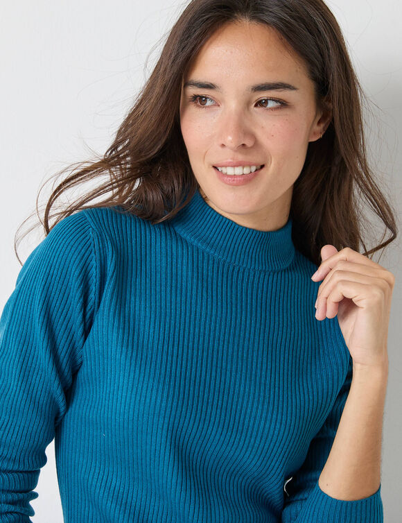 Pull col montant court, maille côtelée (bleu canard)