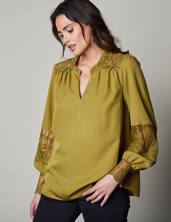 Blouse dentelle manches longues blousantes (vert mousse)