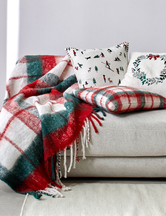 Plaid met franjes, ingeweven ruitjes (ecru / rood / groen)