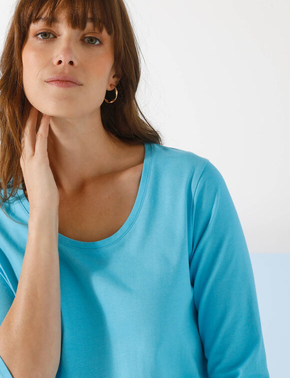 T-shirt manches 3/4 uni, coton (bleu turquoise)