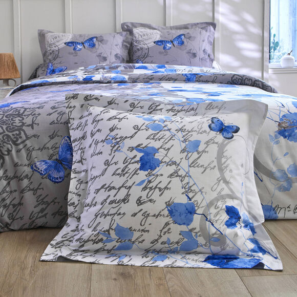 Linge de lit Célestine en coton imprimé fleurs et papillons (bleu / gris)