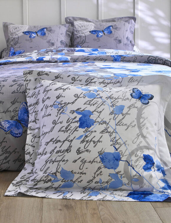 Linge de lit Célestine en coton imprimé fleurs et papillons (bleu / gris)