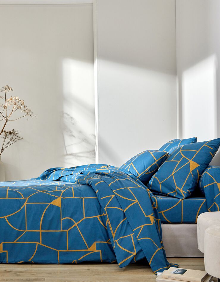 Linge de lit Geoffroy en coton à motifs graphiques (bleu paon)