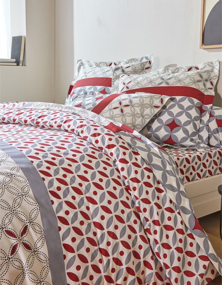 Linge de lit Marlow en coton à motifs géométriques (gris / rouge)