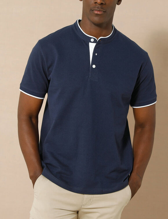 Polo uni col mao maille piqu&eacute;e manches courtes (marine)