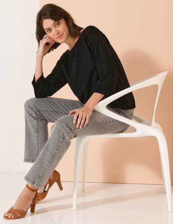 Pull col bateau manches 3/4, toucher doux (noir)