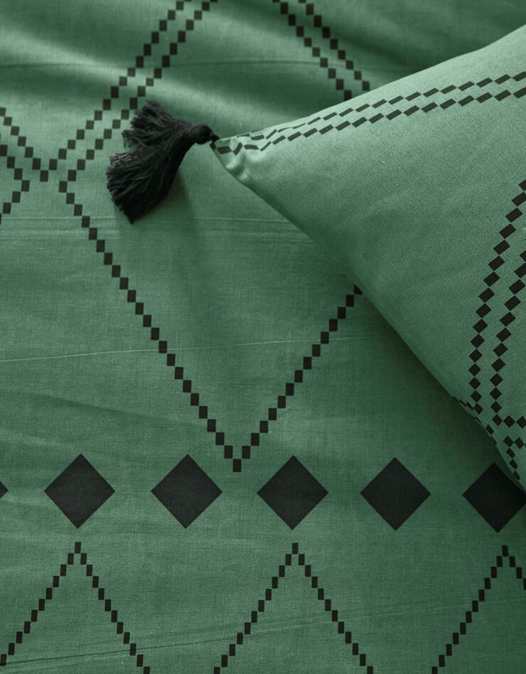 Linge de lit Massai coton à motifs graphiques et finitions pompons, vert, hi-res image number 4