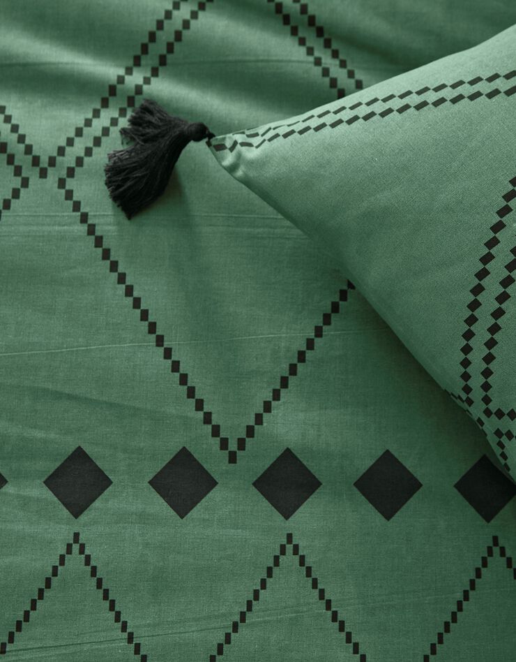 Linge de lit Massai coton à motifs graphiques et finitions pompons, vert Linge de lit Massai coton à motifs graphiques et finitions pompons, vert, hi-res image number 4