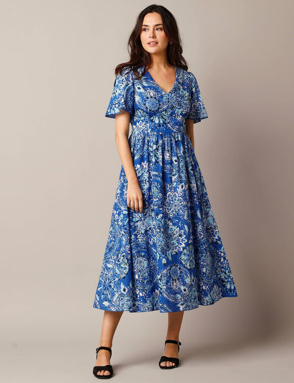 Robe longue évasée, coton imprimé (bleu / blanc)