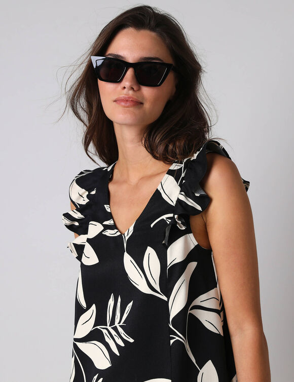 Robe courte col V imprim&eacute; feuillage, &agrave; mancherons volant&eacute;s (noir / &eacute;cru)
