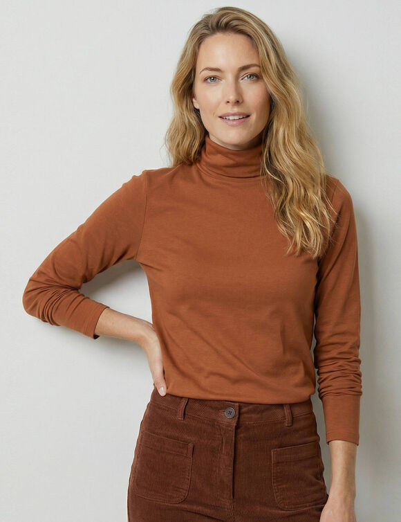 Sous-pull col roul&eacute; coton stretch uni (noisette)