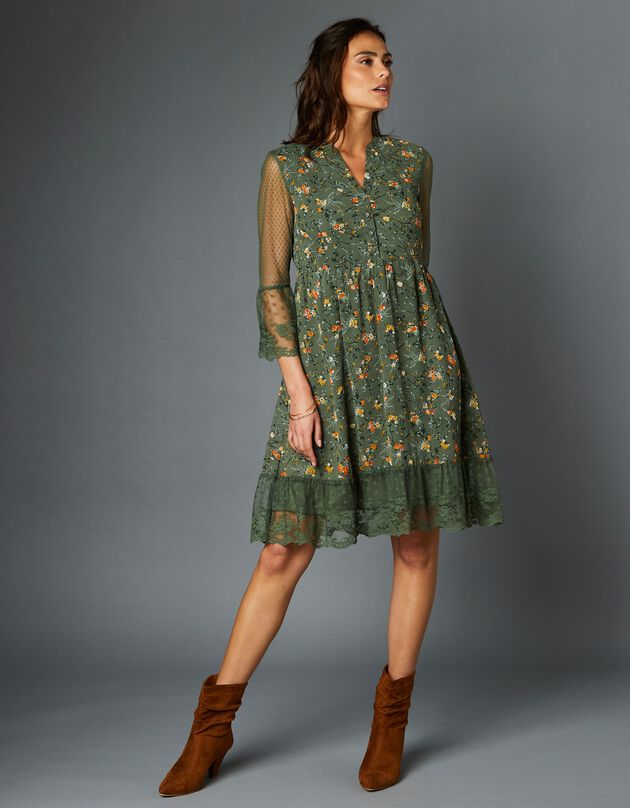 Bedrukte jurk met kant en 3/4-mouwen (bronskleur)