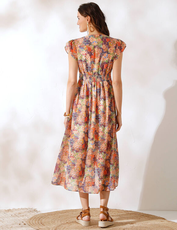 Robe col V mancherons volantés, voile imprimé (violet / pêche)