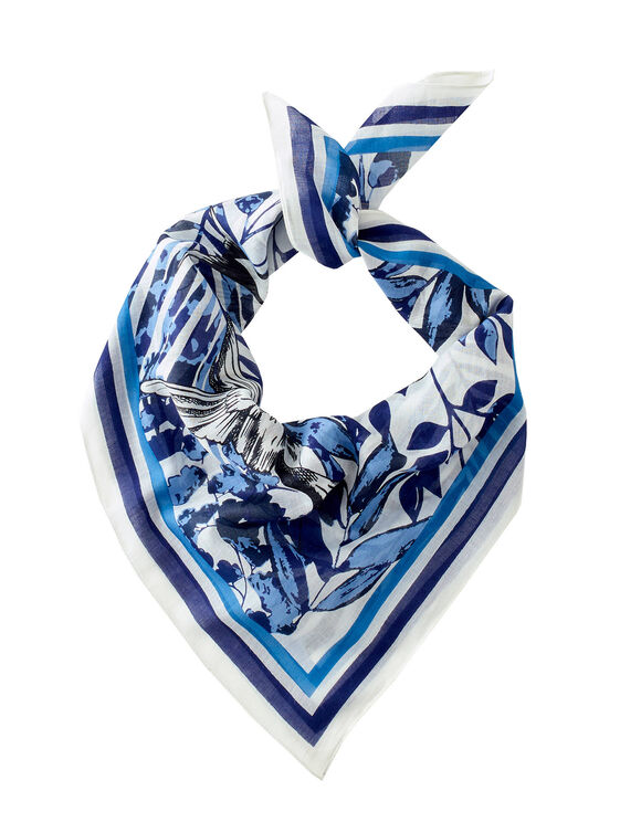 Foulard imprimé hirondelles, voile de coton (écru / bleu)
