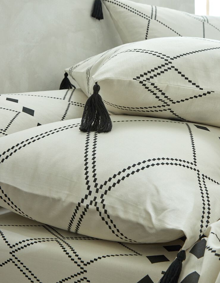Linge de lit Massai coton à motifs graphiques et finitions pompons (écru)