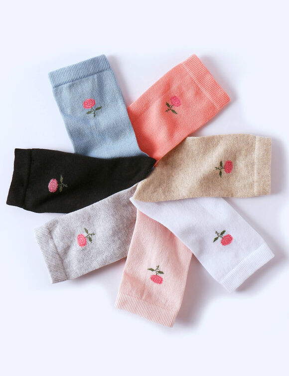 Chaussettes imprim&eacute;es "rose" - lot de 7 paires (bleu + beige + rose)