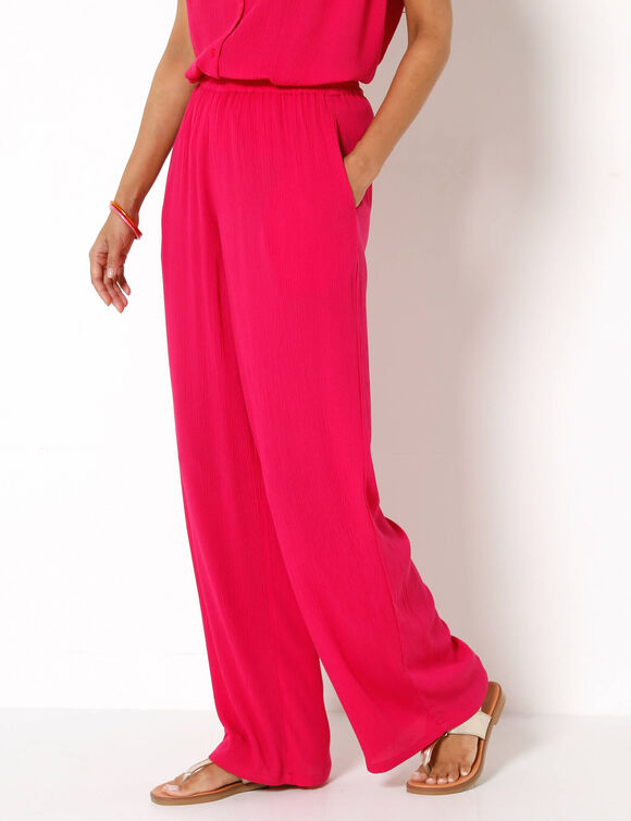 Pantalon large taille &eacute;lastiqu&eacute;e uni, cr&eacute;pon fluide (fuchsia)