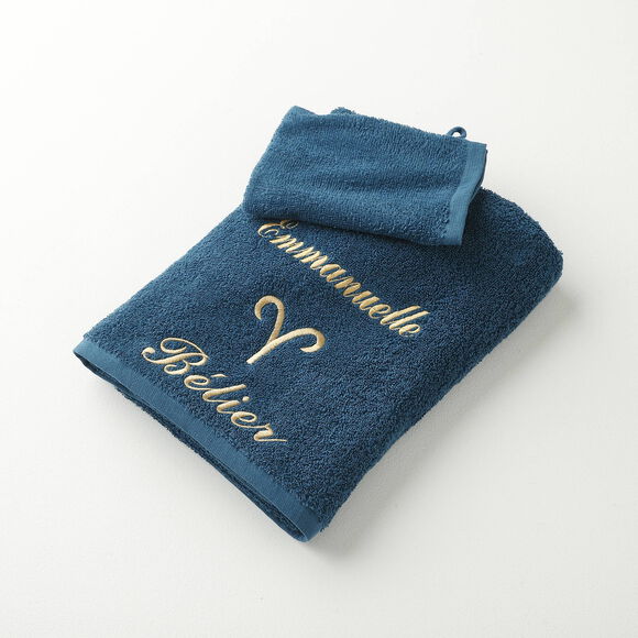 Serviettes de bain brodées Bélier personnalisable - 420g/m2 (pauwblauw)