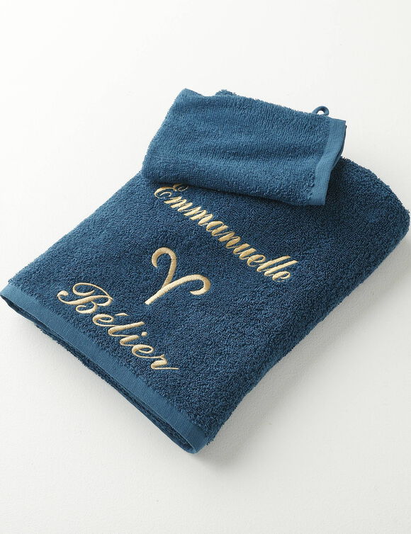 Serviettes de bain brodées Bélier personnalisable - 420g/m2 (bleu paon)