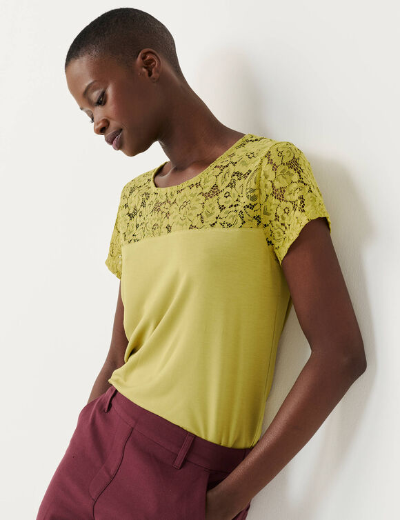 T-shirt met korte mouwen en kant (olijfgroen)