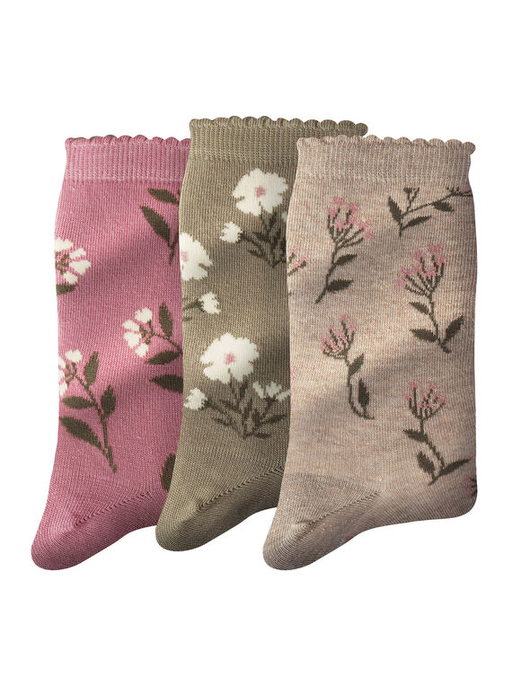 Sokken met bloemenprint - set van 3 paar (kaki + roze + beige)