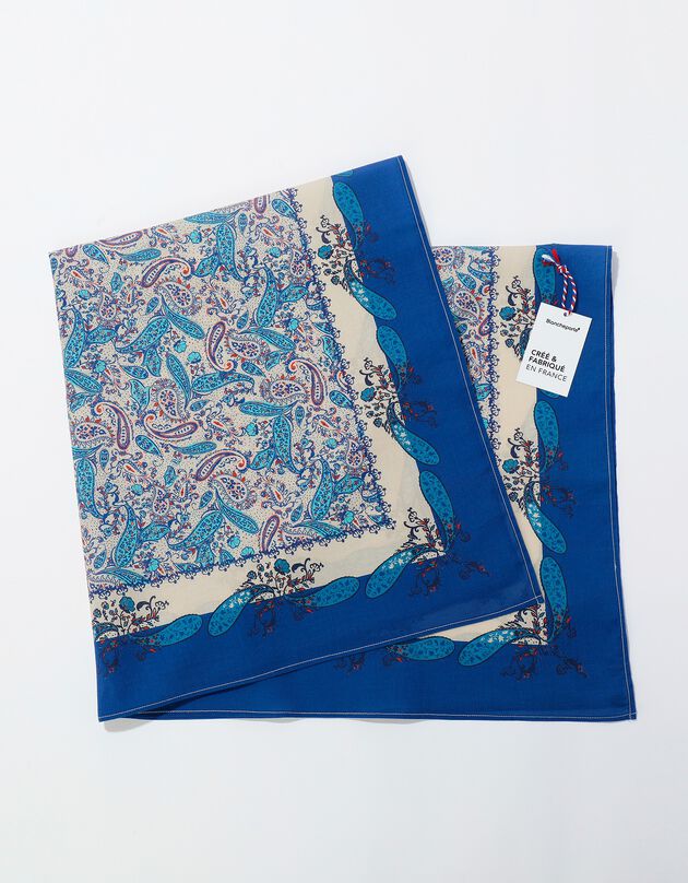 Foulard fabriqué en France imprimé cachemire, 100 x 100 cm  - coton  (bleu)