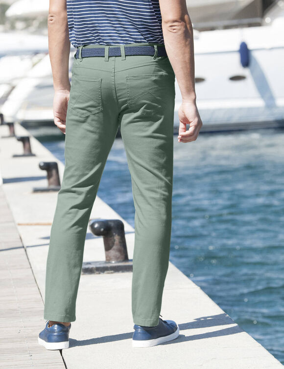Pantalon droit 5 poches twill coton extensible (vert amande)