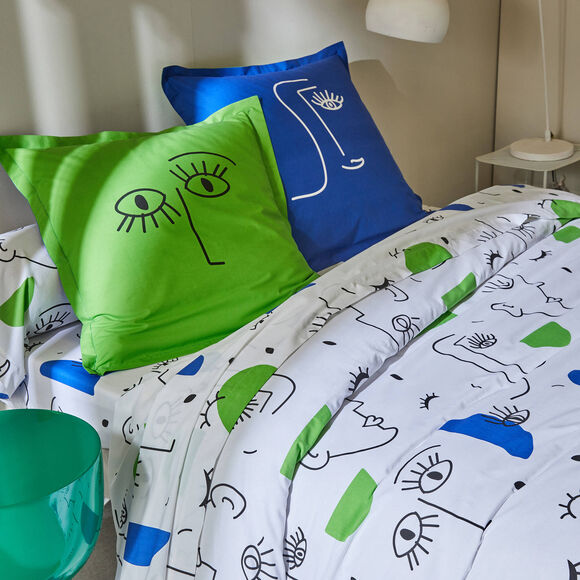 Linge de lit Vitaly coton à motifs visages (blanc / bleu)