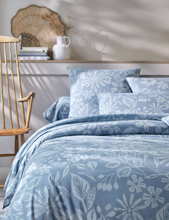 Linge de lit Céline en coton imprimé floral (bleu grisé)